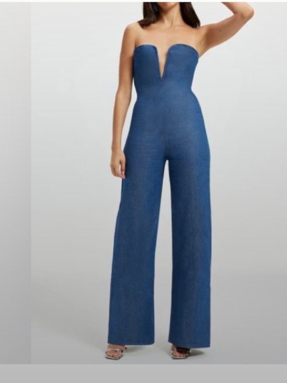 GOOD AMERICAN Strapless Blue Wide-Leg Stretch Jumpsuit  V-split neckline w